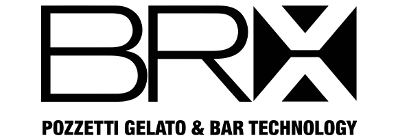 Logo for BRX, text in black on a white background and with a blue ice cream
