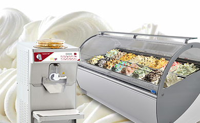 Gelato Package image with batch freezer and gelato display freezer on white background